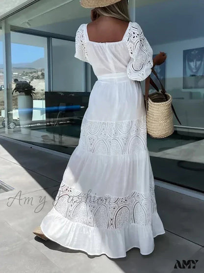 Amy Fashion - Lace Patchwork Loose Casual Beach Square Neck Boho Dress