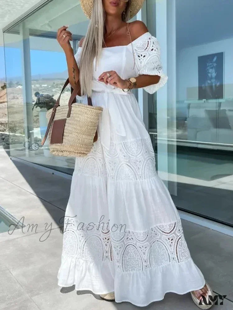 Amy Fashion - Lace Patchwork Loose Casual Beach Square Neck Boho Dress White / S