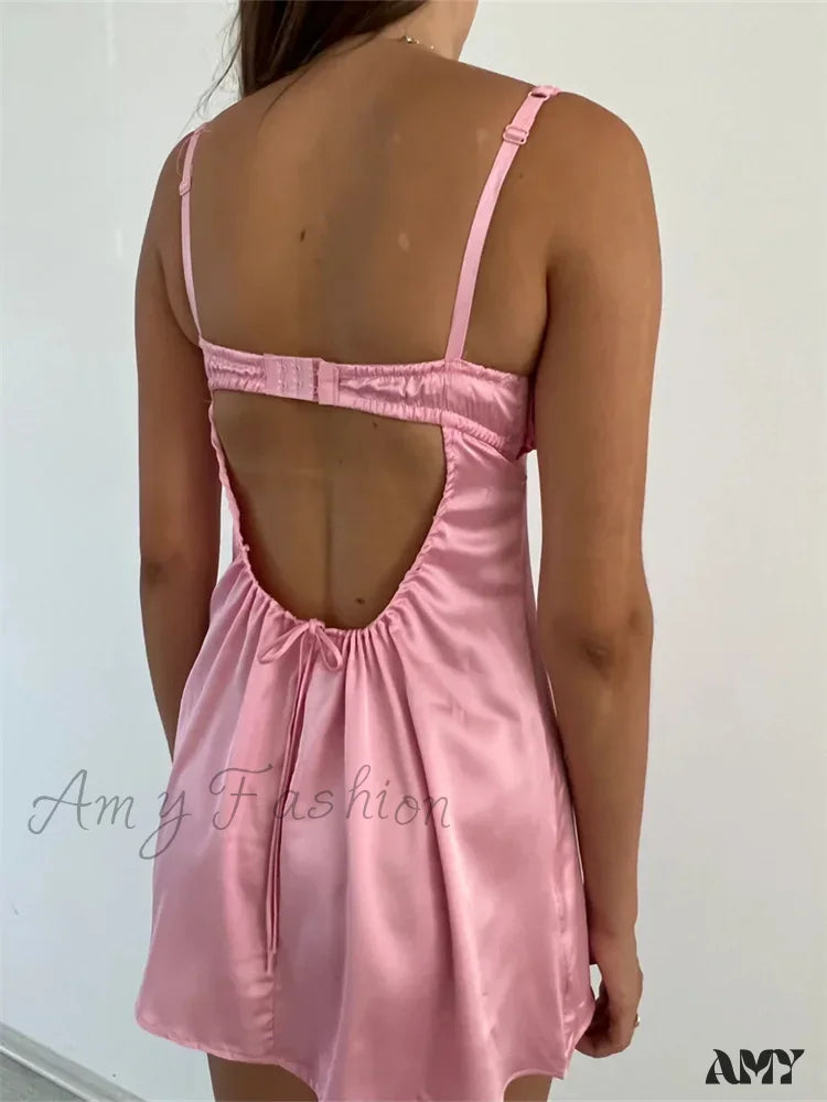 Amy Fashion - Lace Patchwork Ruched Vintage Sleeveless Strap Backless Mini Dress