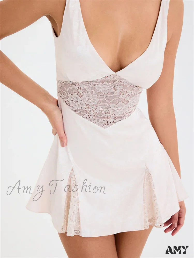 Amy Fashion - Lace Patchwork See Through Vintage A Line Mini Dress