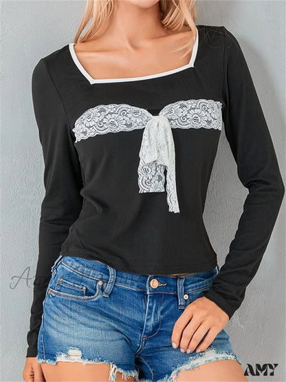 Amy Fashion - Lace Patchwork Square Neck Tie-Up T-Shirts Black / S