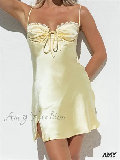 Amy Fashion - Lace Satin Sleeveless Spaghetti Strap Front Tie Up Mini Dress