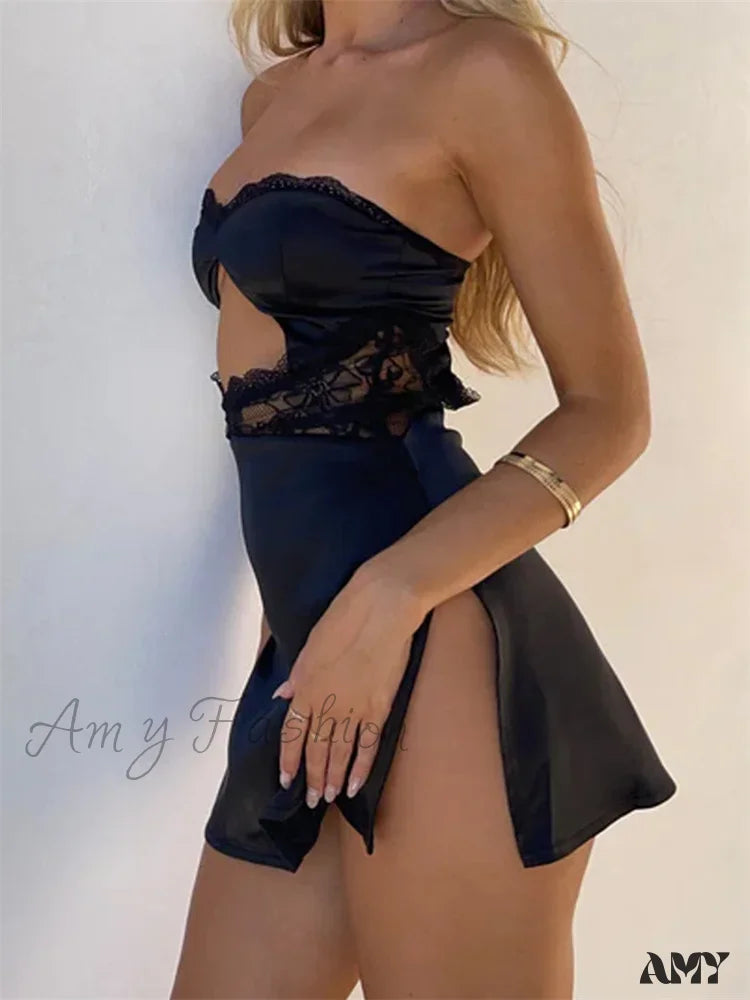 Amy Fashion - Lace Sexy Spaghetti Strap See Through Backless Mini Dress