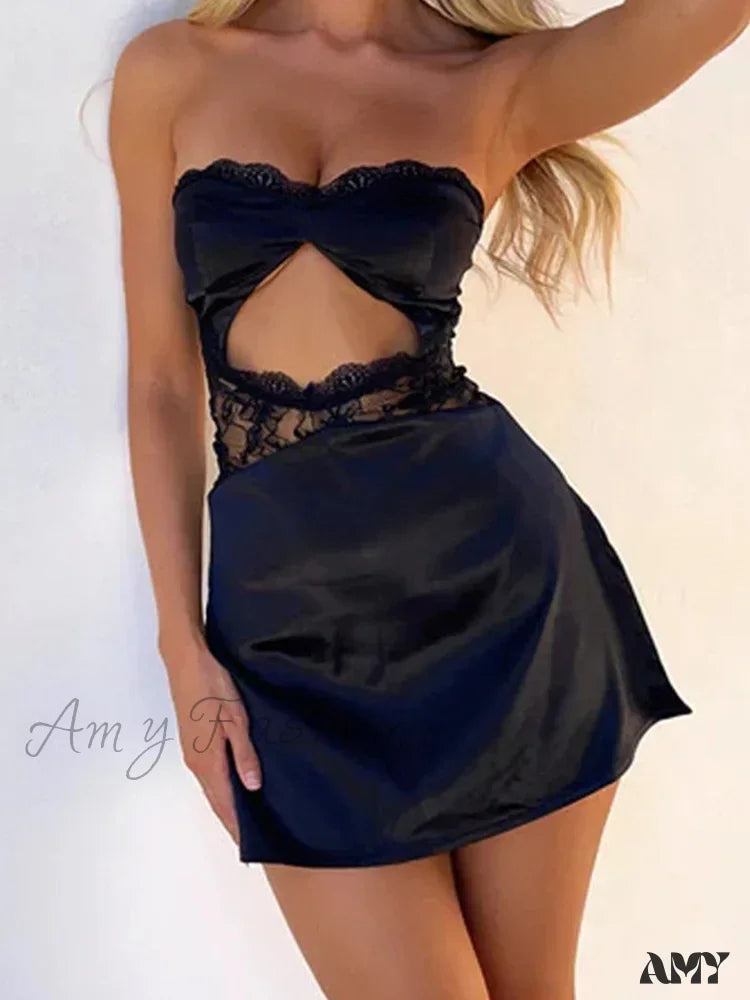 Amy Fashion - Lace Sexy Spaghetti Strap See Through Backless Mini Dress Black / S