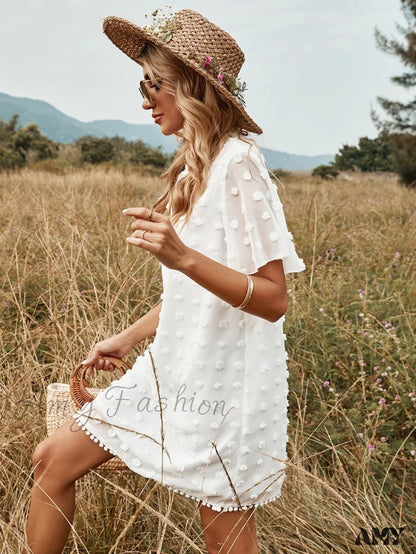 Amy Fashion - Lace Up O Neck Tassel Jacquard Solid Chiffon Dress