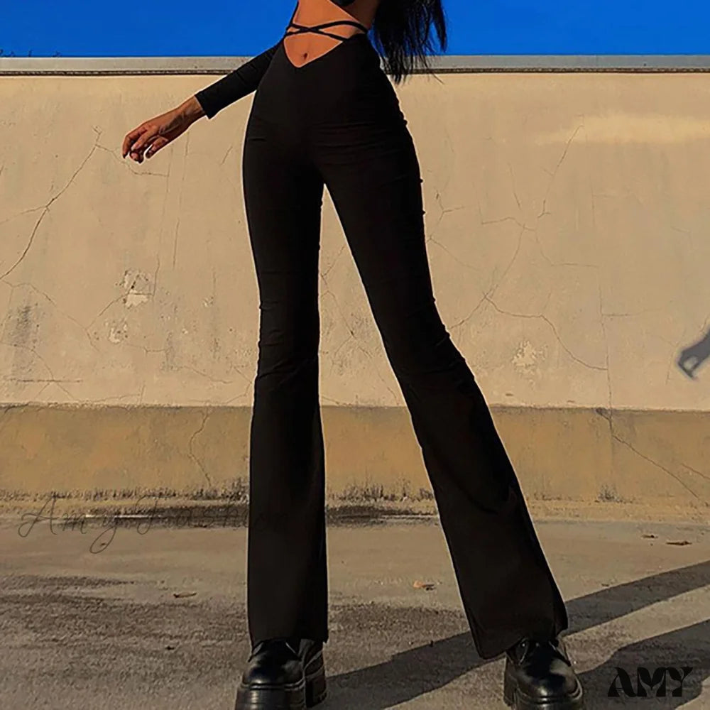 Amy Fashion - Lace Up V Waist Low Rise Flare Pants