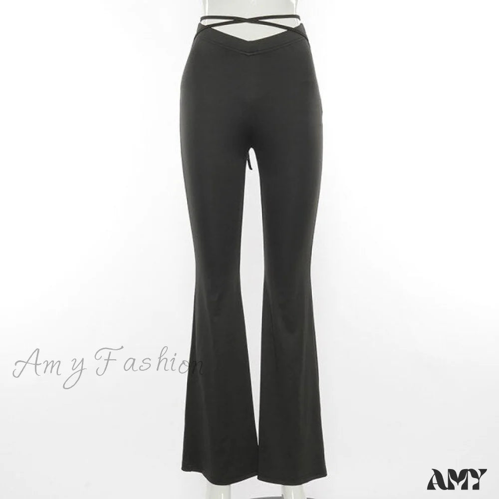 Amy Fashion - Lace Up V Waist Low Rise Flare Pants Black / M