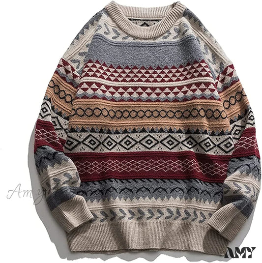 Amy Fashion - Ladies Autumn/Winter Retro Striped Sweater Red / Xx-Large