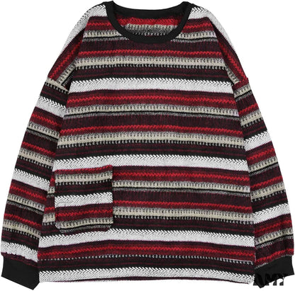 Amy Fashion - Ladies Autumn/Winter Retro Striped Sweater Z1-Red / Small