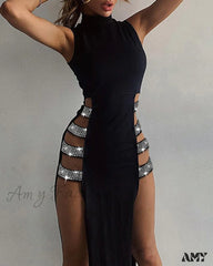 Amy Fashion - Lady Sleeveless Mock Side High Slit Cutout Dresses