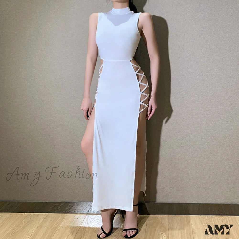 Amy Fashion - Lady Sleeveless Mock Side High Slit Cutout Dresses