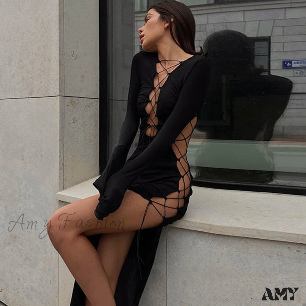 Amy Fashion - Lady Sleeveless Mock Side High Slit Cutout Dresses A / S