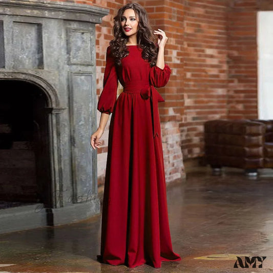 Amy Fashion - Lantern Sleeve Solid Belt Long Christmas Dress