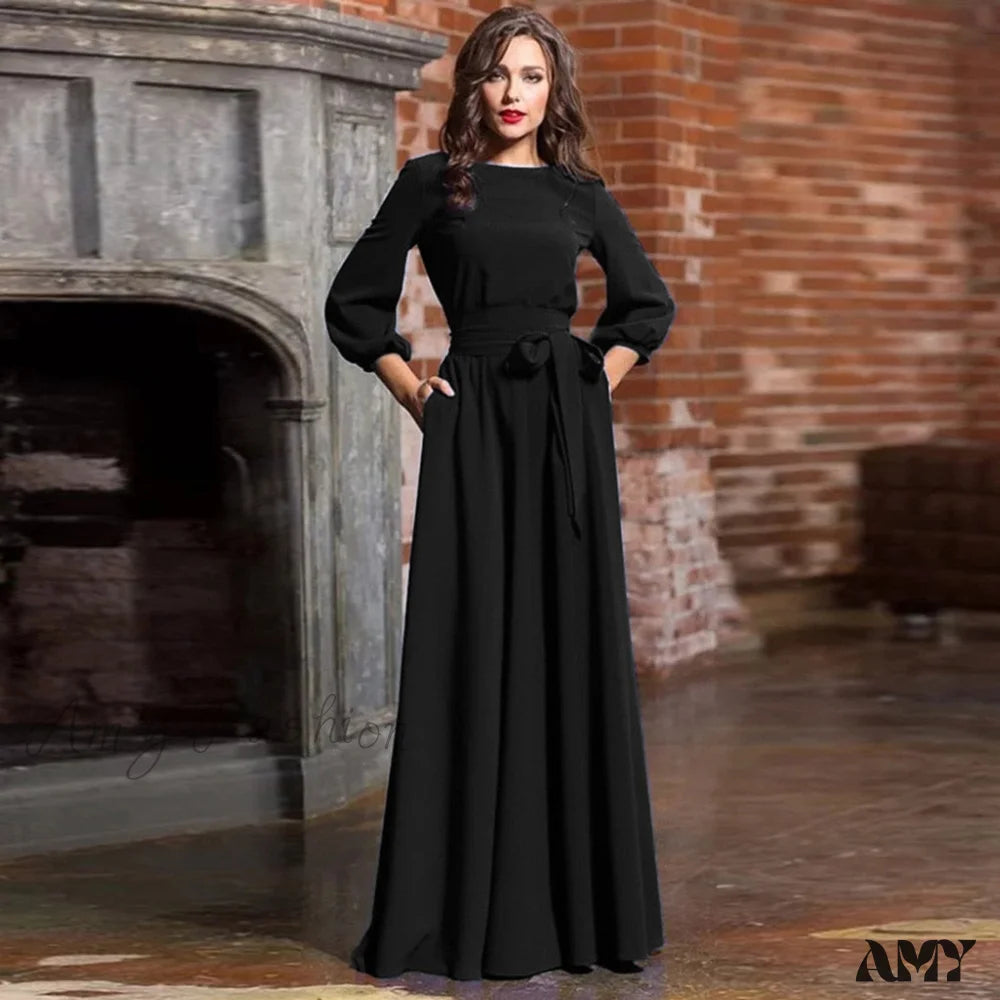 Amy Fashion - Lantern Sleeve Solid Belt Long Christmas Dress