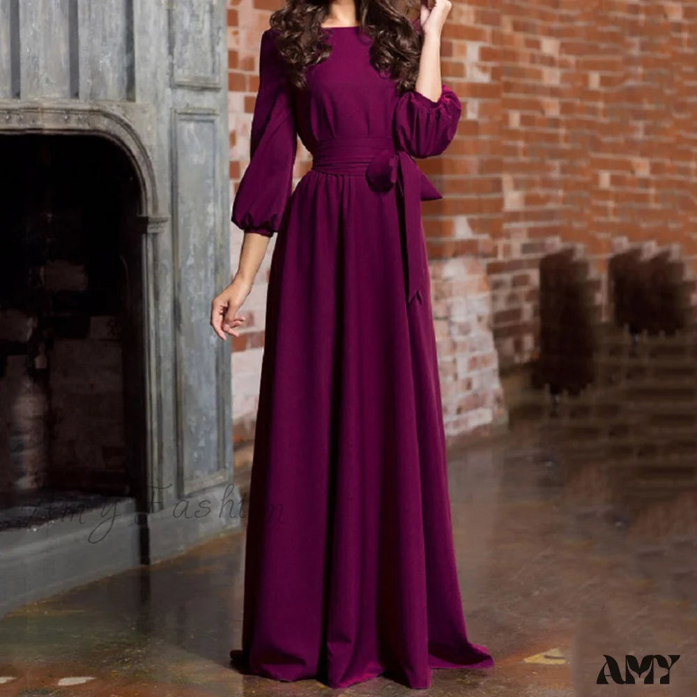 Amy Fashion - Lantern Sleeve Solid Belt Long Christmas Dress
