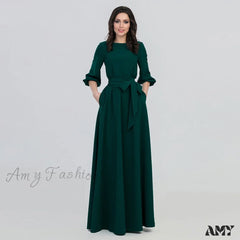 Amy Fashion - Lantern Sleeve Solid Belt Long Christmas Dress Green / S