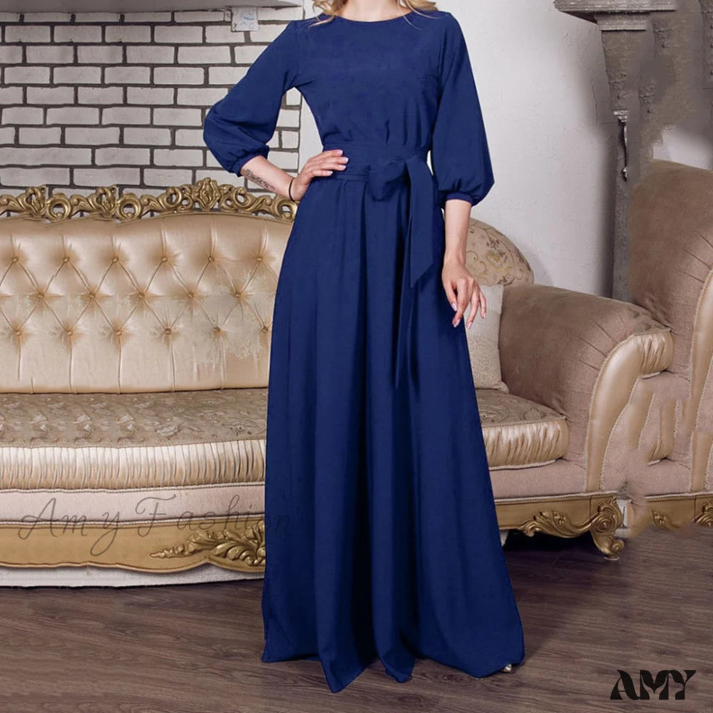 Amy Fashion - Lantern Sleeve Solid Belt Long Christmas Dress Navy / S