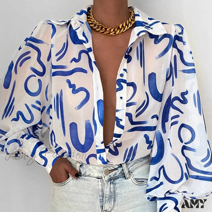 Amy Fashion - Lapel Single-Breasted Loose Blouse Blue / S