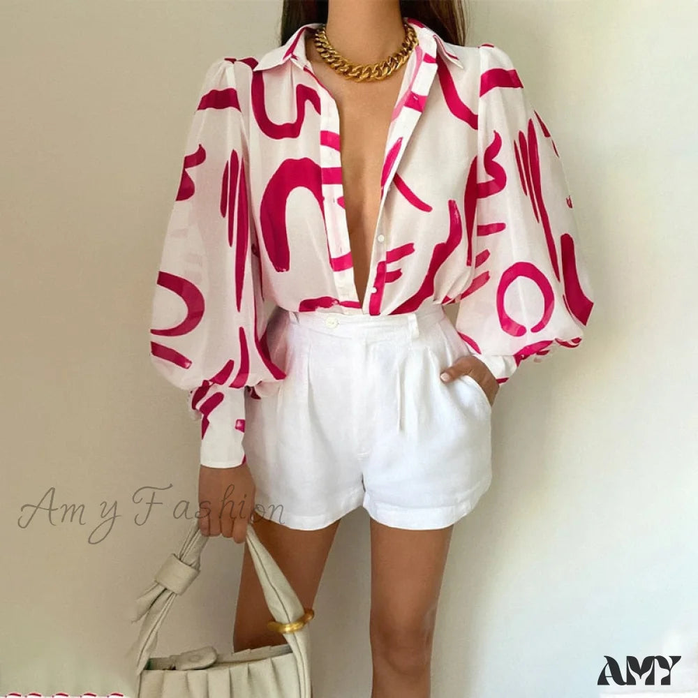 Amy Fashion - Lapel Single-Breasted Loose Blouse Enamel / S