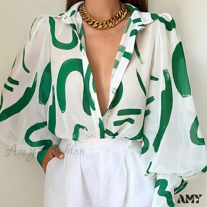 Amy Fashion - Lapel Single-Breasted Loose Blouse Green / S