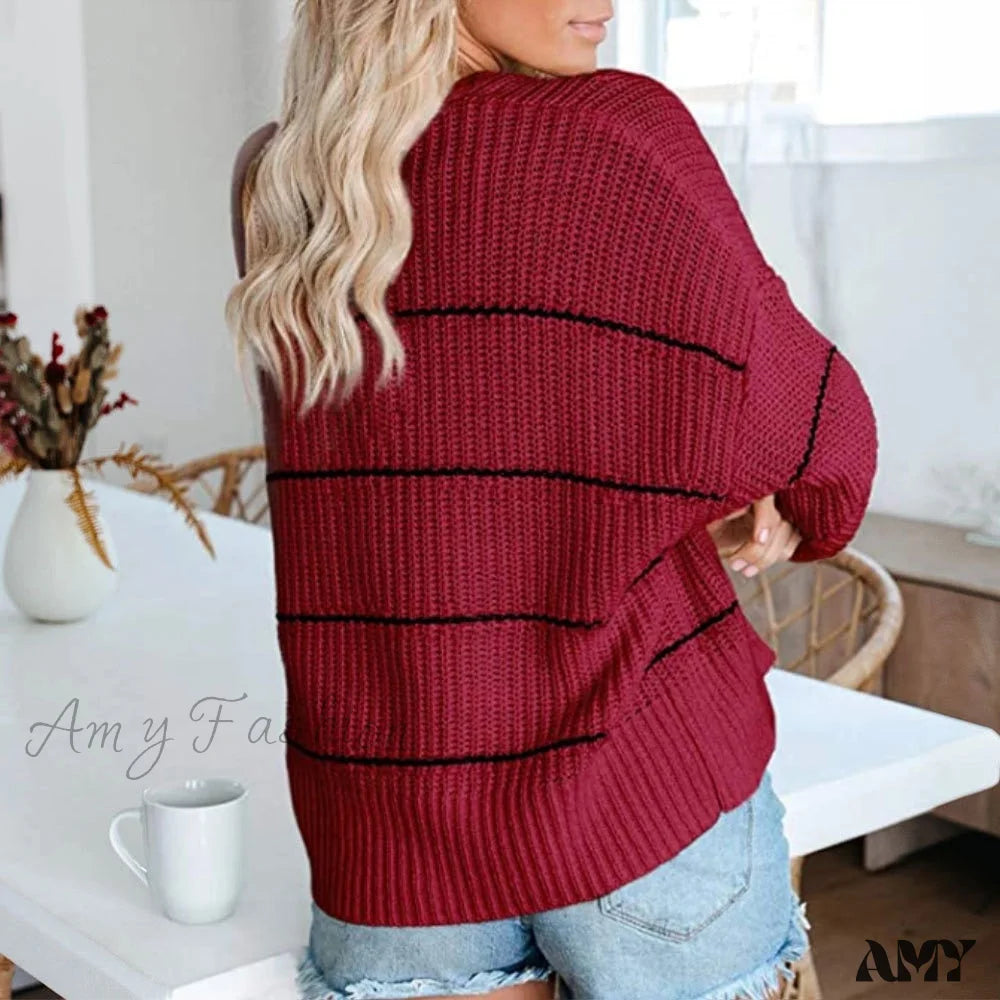 Amy Fashion - Large Big Loose Strip Printed Vintage Tops Long Sleeve Cardigan