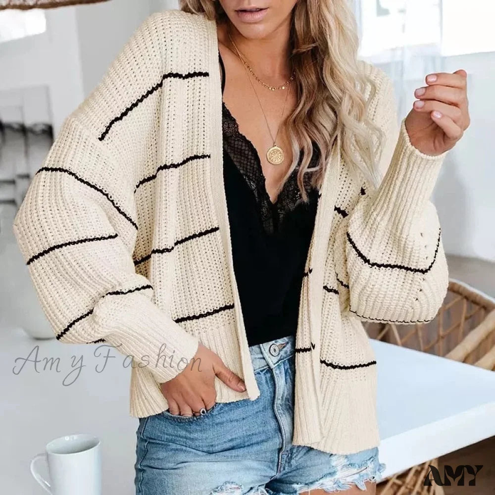 Amy Fashion - Large Big Loose Strip Printed Vintage Tops Long Sleeve Cardigan