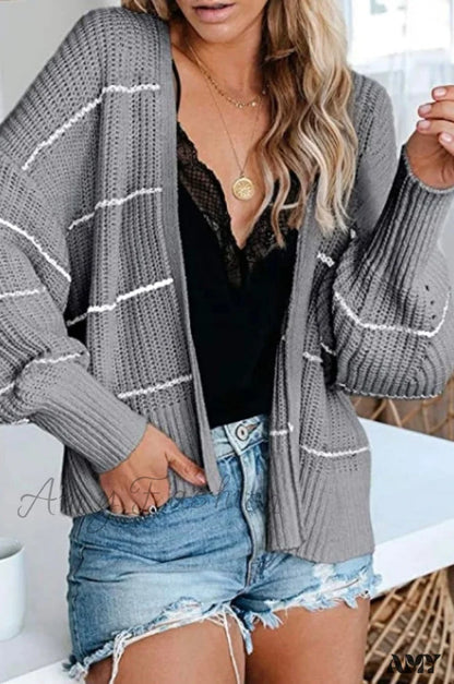 Amy Fashion - Large Big Loose Strip Printed Vintage Tops Long Sleeve Cardigan Gray / S