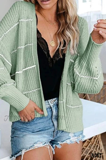 Amy Fashion - Large Big Loose Strip Printed Vintage Tops Long Sleeve Cardigan Green / S