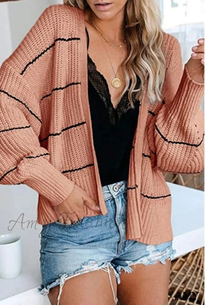 Amy Fashion - Large Big Loose Strip Printed Vintage Tops Long Sleeve Cardigan Orange / S