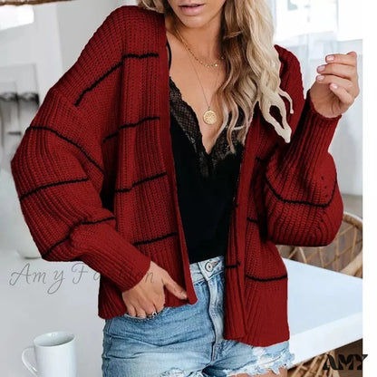 Amy Fashion - Large Big Loose Strip Printed Vintage Tops Long Sleeve Cardigan Red / S