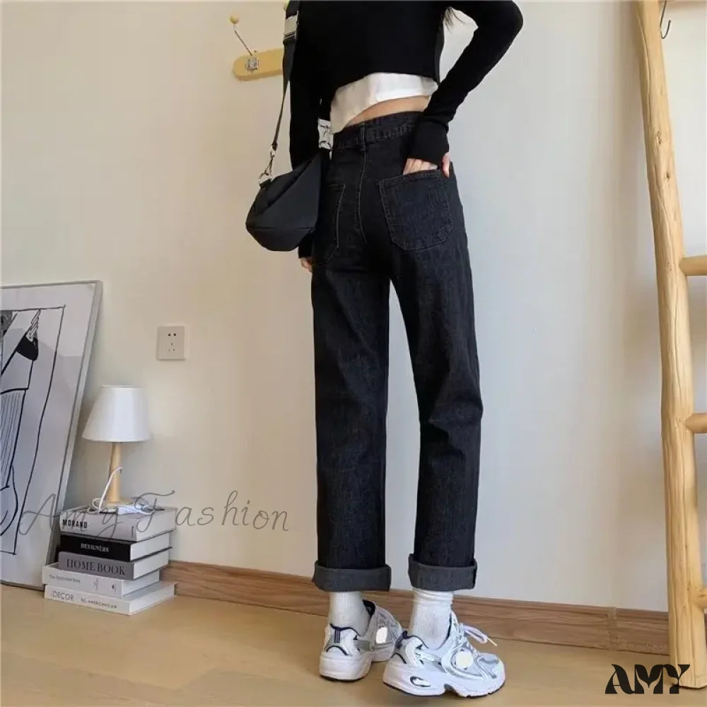 Amy Fashion - Large Fat Mm Loose Draping Irregular Button Straight Leg Long Trendy Jean