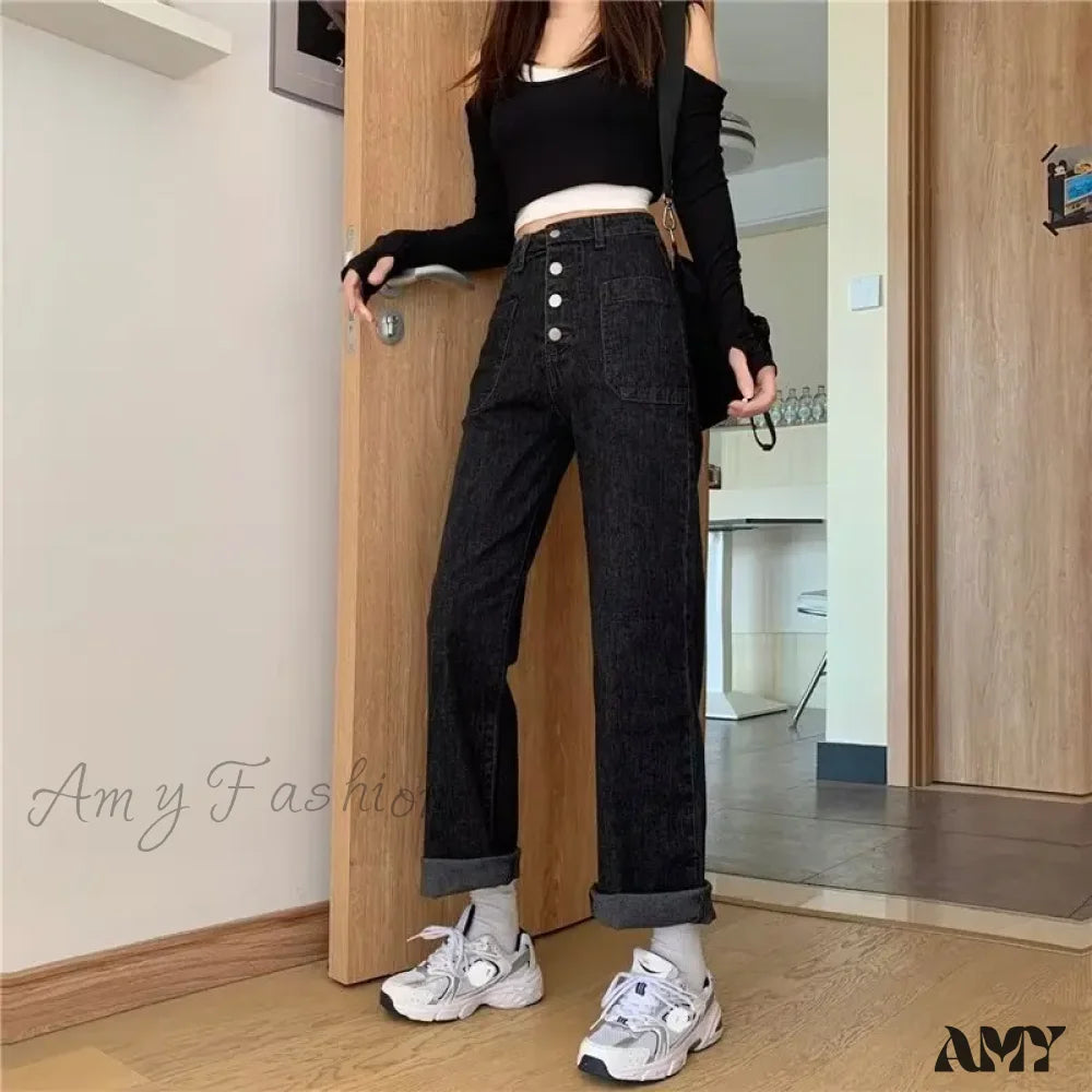 Amy Fashion - Large Fat Mm Loose Draping Irregular Button Straight Leg Long Trendy Jean