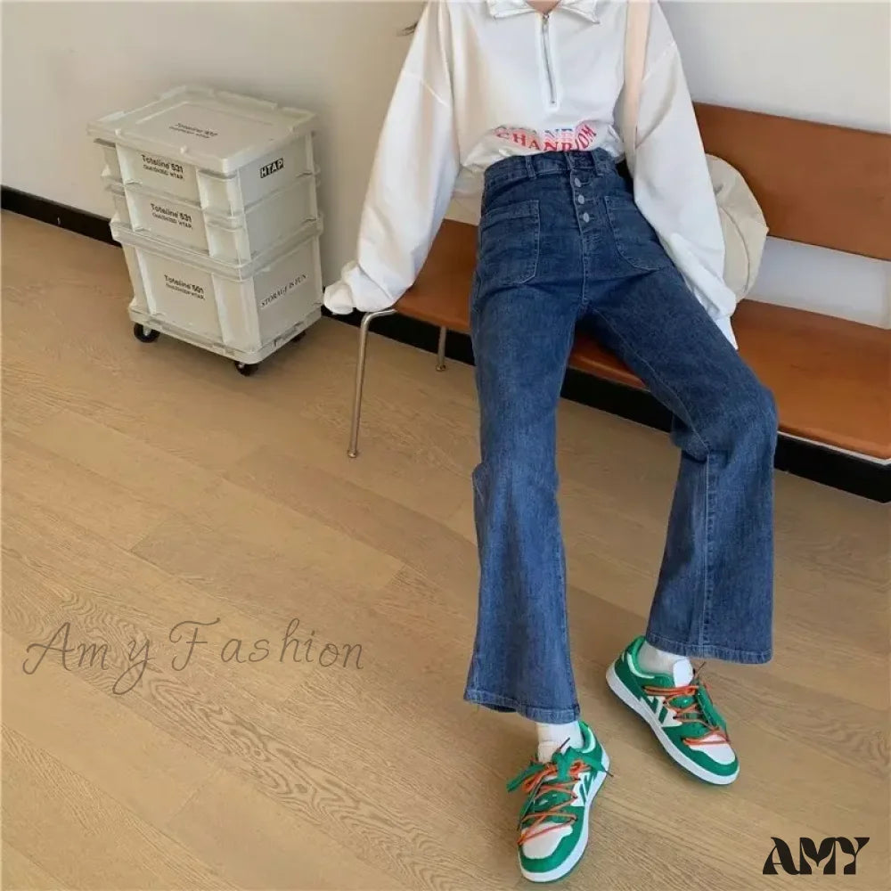 Amy Fashion - Large Fat Mm Loose Draping Irregular Button Straight Leg Long Trendy Jean