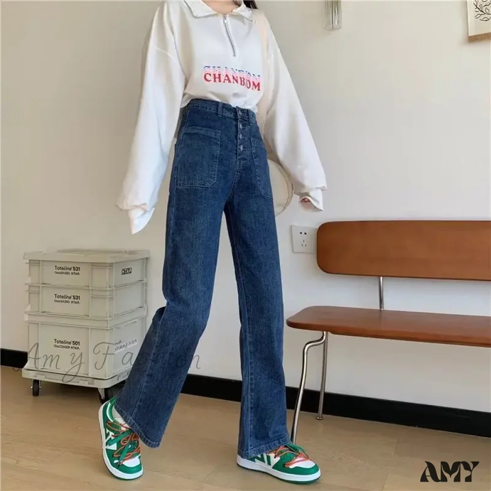 Amy Fashion - Large Fat Mm Loose Draping Irregular Button Straight Leg Long Trendy Jean Deep Blue /