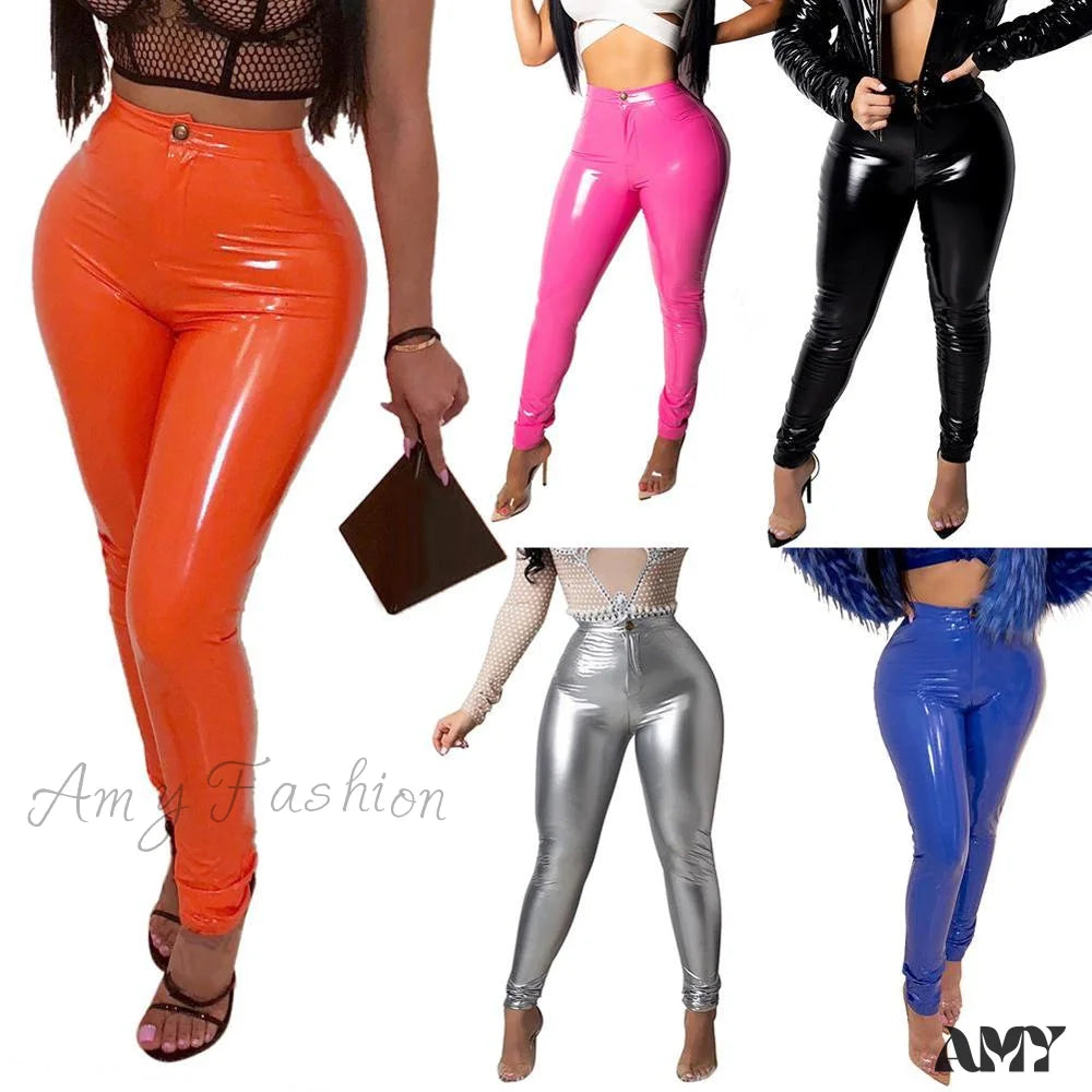 Amy Fashion - Latex Faux Pu Leather Pants Trousers