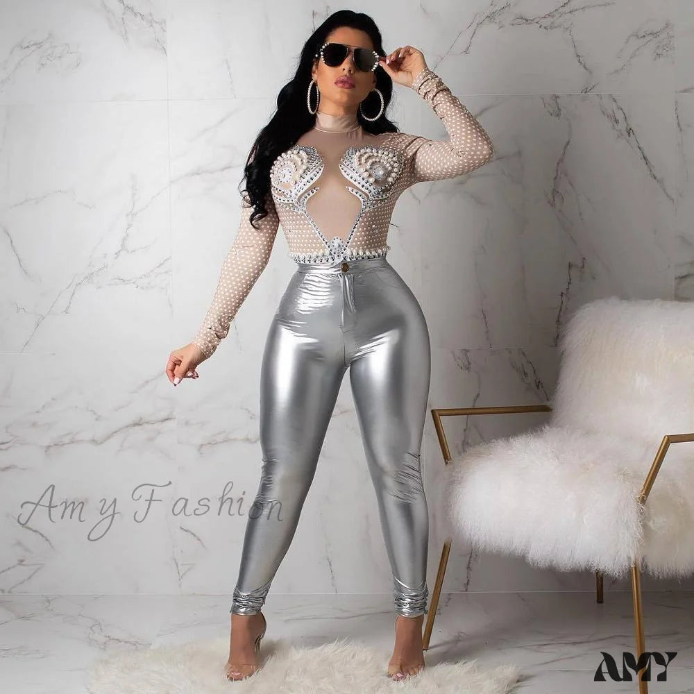 Amy Fashion - Latex Faux Pu Leather Pants Trousers