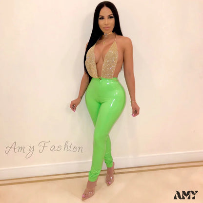 Amy Fashion - Latex Faux Pu Leather Pants Trousers