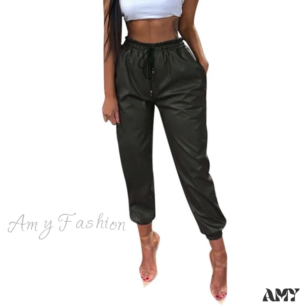 Amy Fashion - Leather Harem Camo Pants Green / S