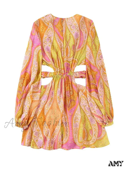 Amy Fashion - Legant Print Hollow Out Pleated Mini Boho Dress