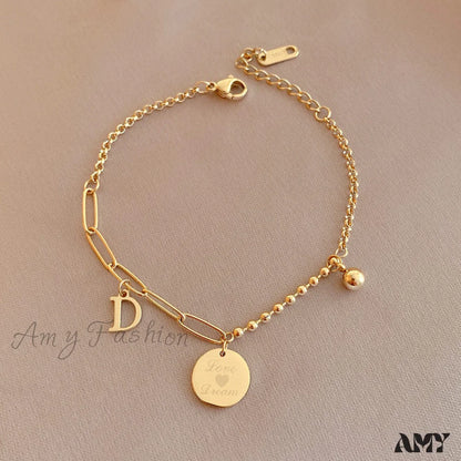 Amy Fashion - Letter D Minimalist Bead Plate Bracelet Gold