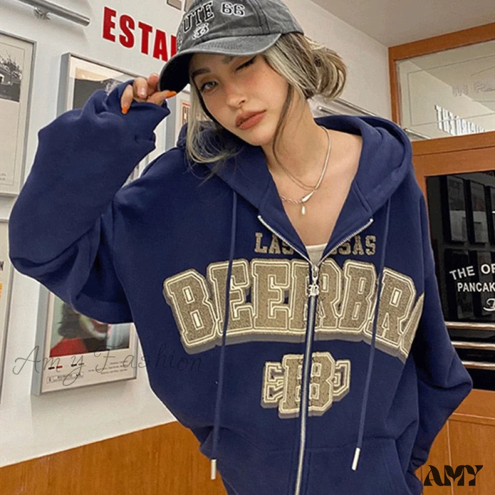 Amy Fashion - Letter Embroidery Vintage Loose Zipper Hoodies Dark Blue / S