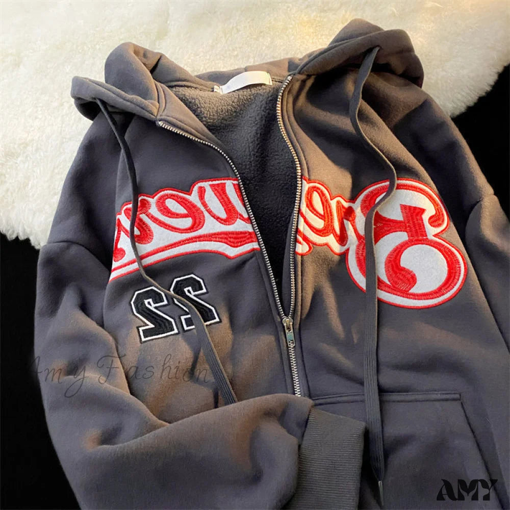 Amy Fashion - Letter Embroidery Vintage Loose Zipper Hoodies Dark Grey / S