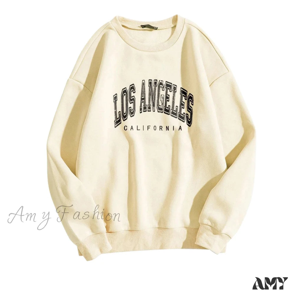 Amy Fashion - Letter Los Angeles Print Hoody Pullover Beige / S