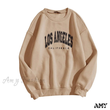 Amy Fashion - Letter Los Angeles Print Hoody Pullover Coffee / S