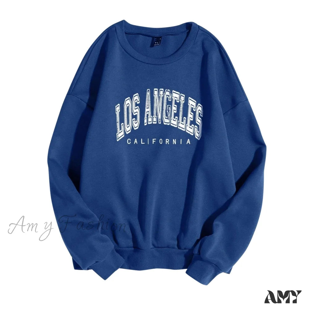 Amy Fashion - Letter Los Angeles Print Hoody Pullover Dark Blue / S