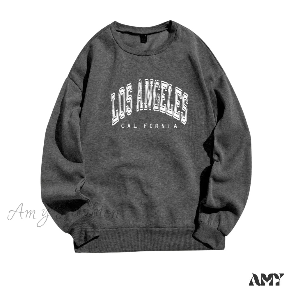 Amy Fashion - Letter Los Angeles Print Hoody Pullover Dark Gray / S