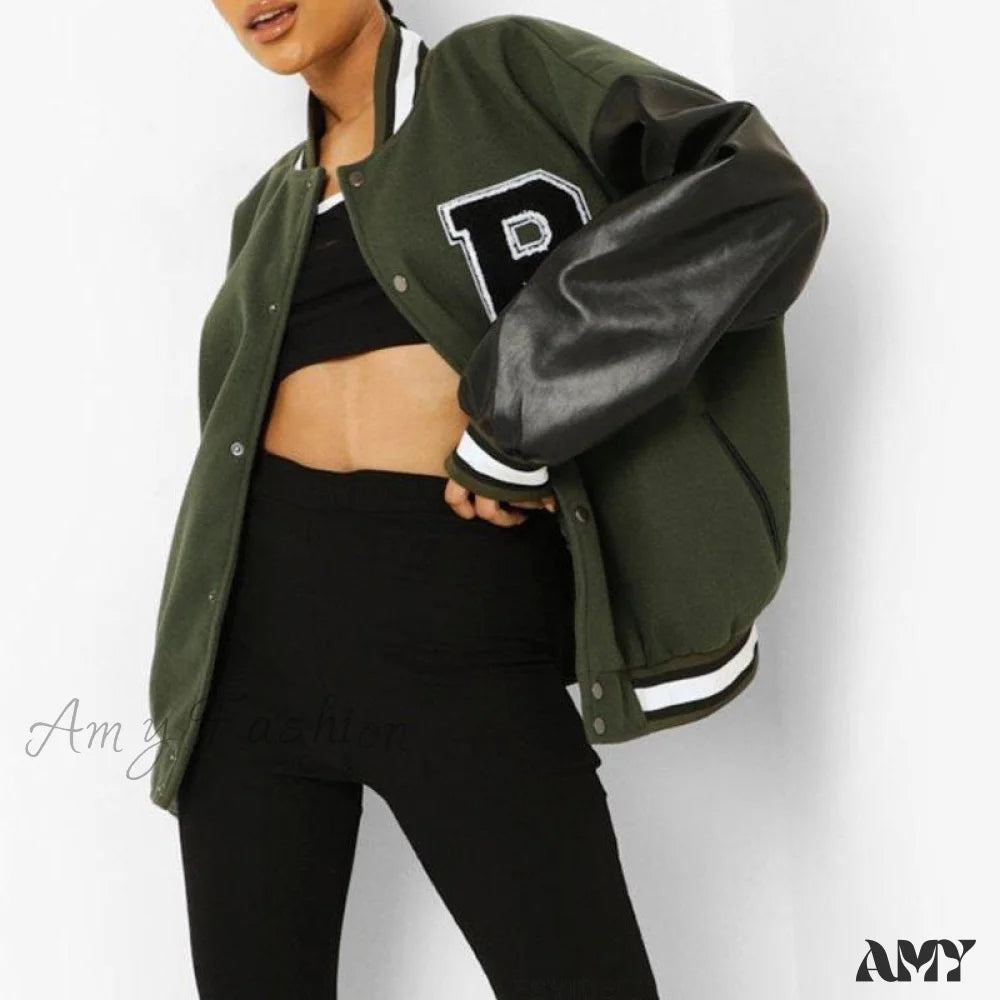 Amy Fashion - Letter Print Baseball Jacket