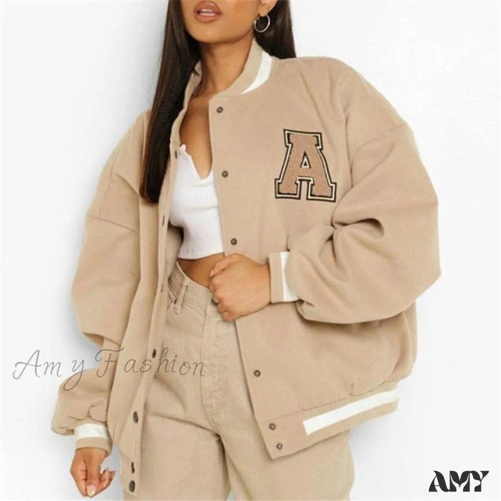 Amy Fashion - Letter Print Baseball Jacket Apricot A / S