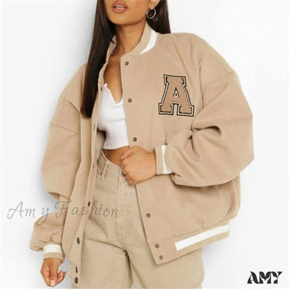 Amy Fashion - Letter Print Baseball Jacket Apricot A / S