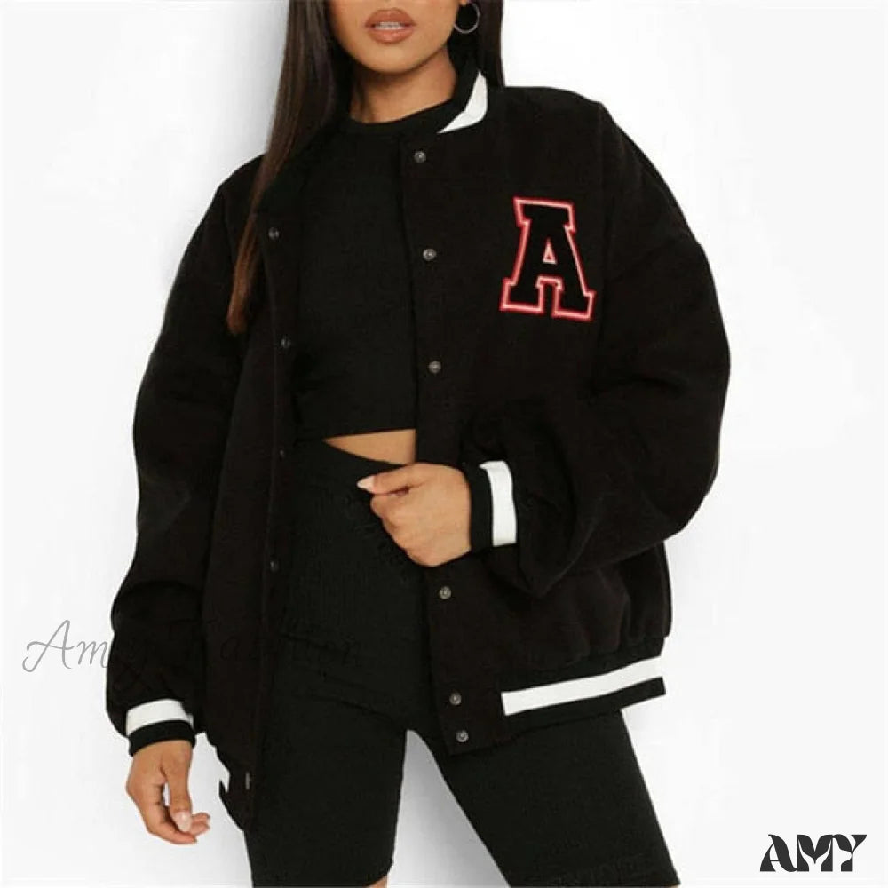 Amy Fashion - Letter Print Baseball Jacket Black A / S